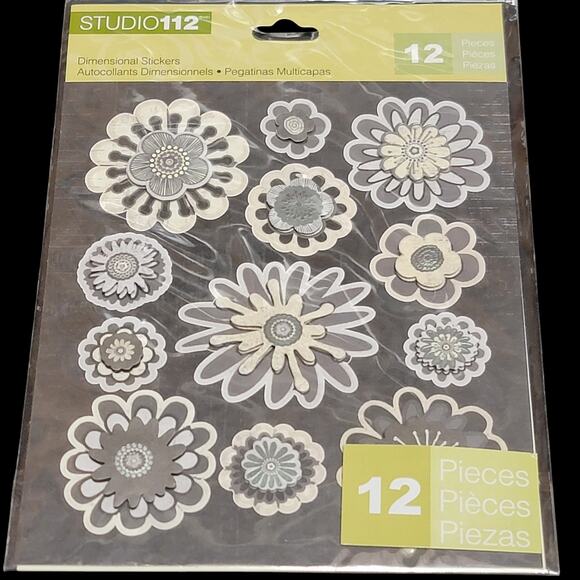 Studio 112 Flower Dimensional Stickers 12pc Black Gray Cream Floral Scrapbooking - Picture 1 of 5